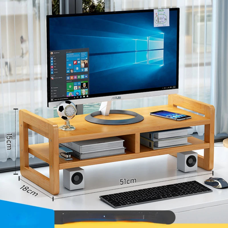 Bamboo Wooden Monitor Stand for Home Office Storage with Computer Riser Shelf and Desk Organizer