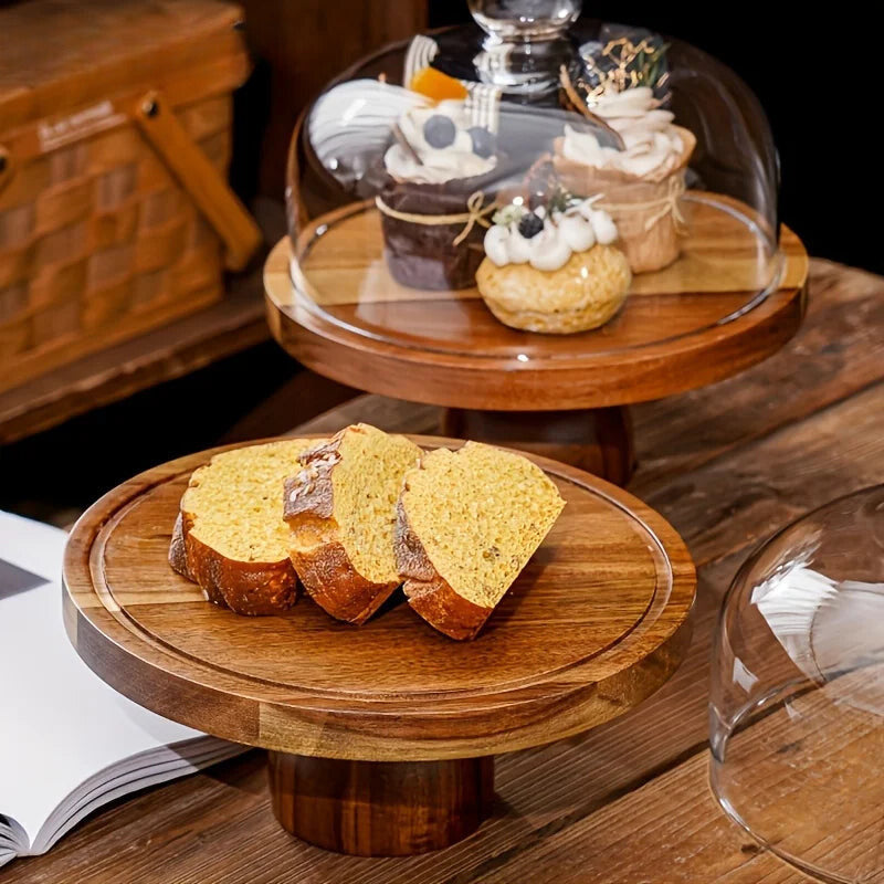 Elegant Acacia Wood Cake Stand with Glass Dome