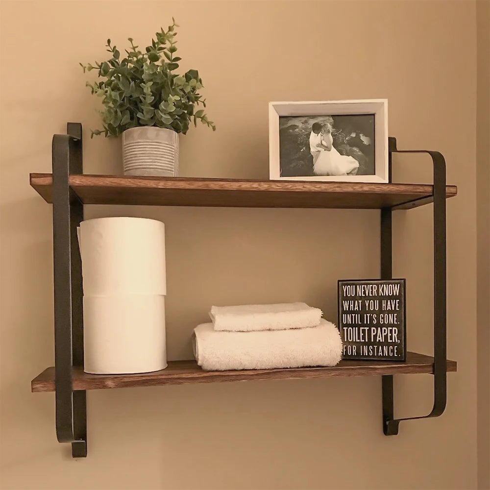 Rustic Industrial Pipe Wall Shelf - Wooden Storage Unit