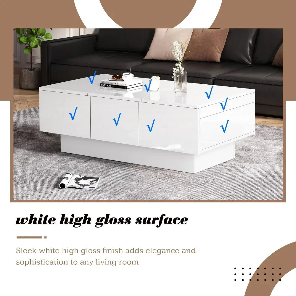 Sleek White High Gloss Coffee Table with Ample Storage