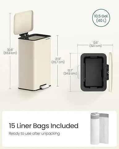 SONGMICS Kitchen Bin, 10.5 Gallon (40L) Rubbish Bin, Large Step Bin with Lid, Steel, Soft Close, 15 Liner Bags Included