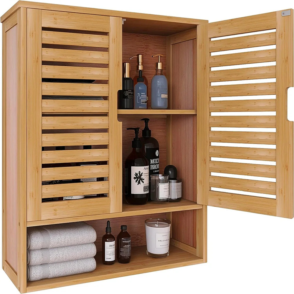 Natural Bamboo Bathroom Cabinet Wall Mounted Kitchen Cabinet Cupboard Storage Organizer 3 Tier Shelf