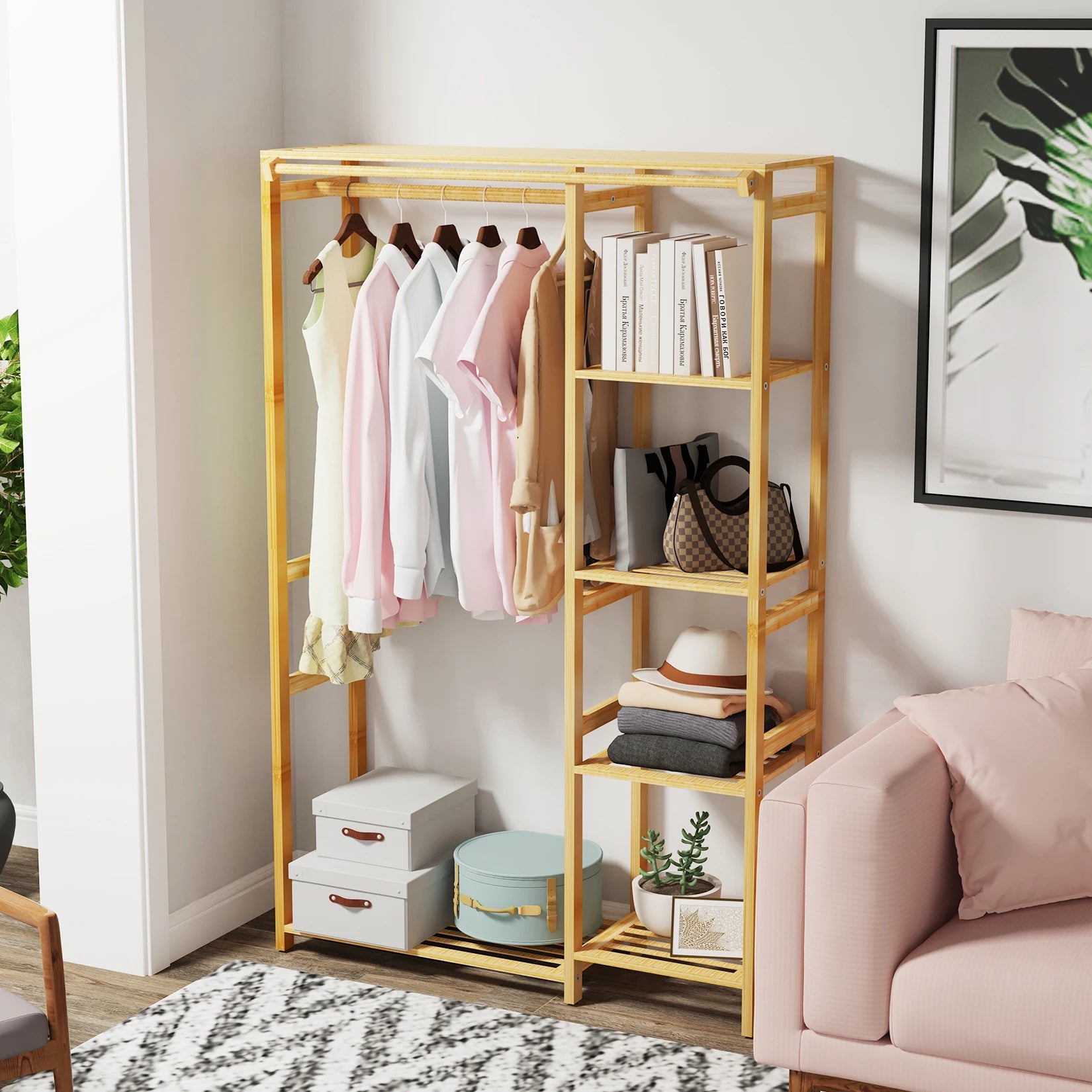 Tier Bamboo Garment Rack with Shelves