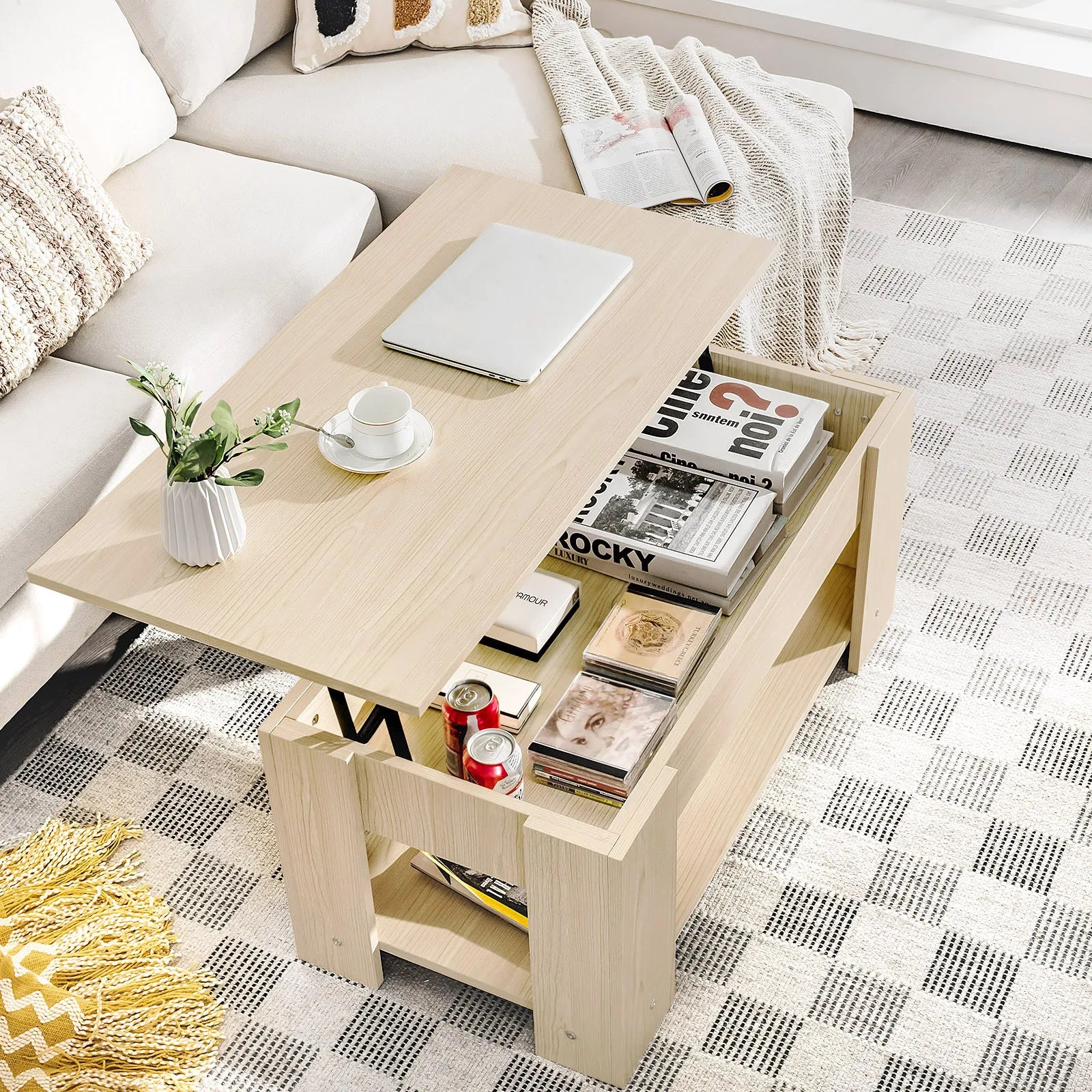 Elegant Height Adjustable Coffee Table with Storage