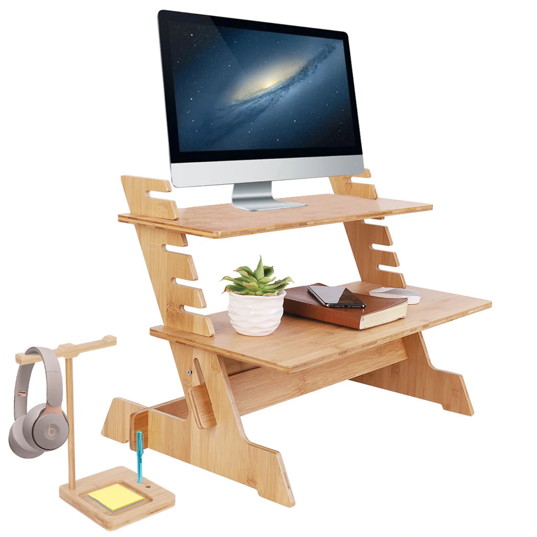 Adjustable Bamboo Monitor Stand with Earphone Holder