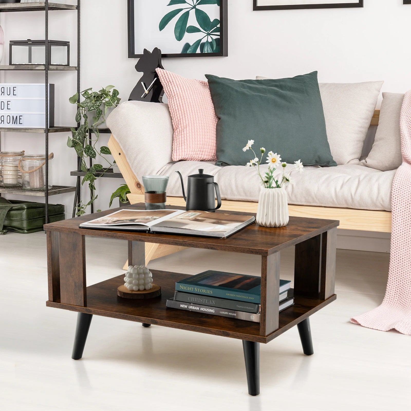 Tier Wooden Coffee Table with Open Storage