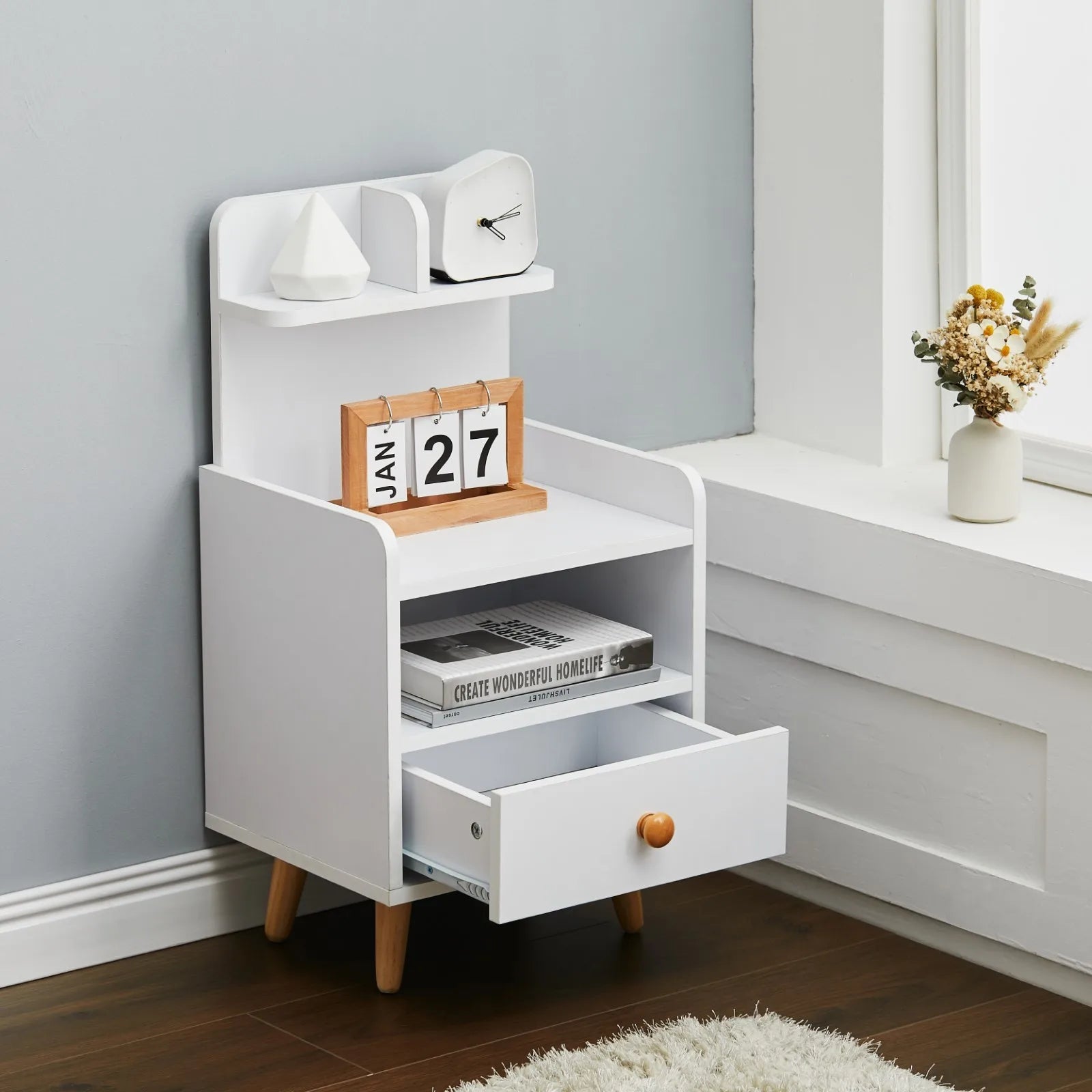 Elegant White Wooden Bedside Table with Storage