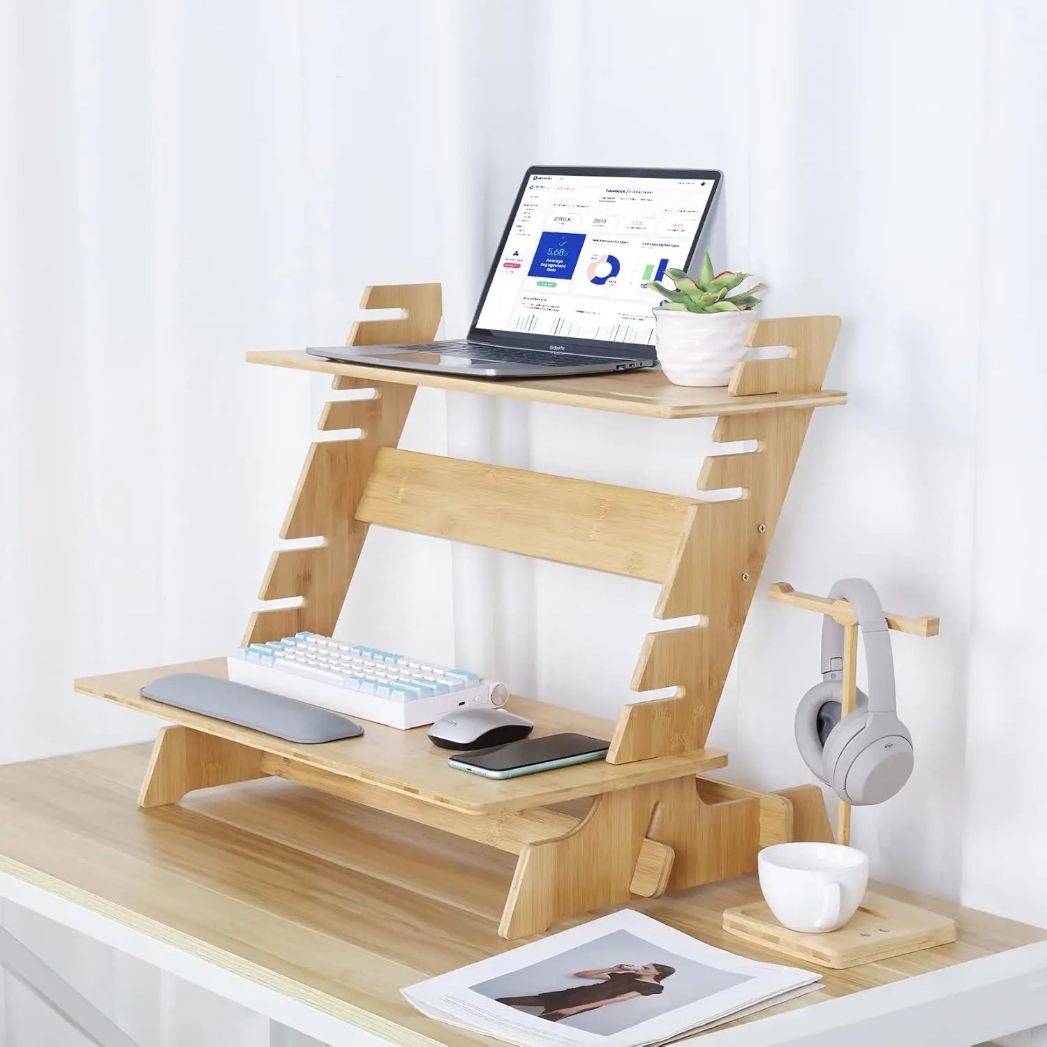 Adjustable Bamboo Monitor Stand with Earphone Holder