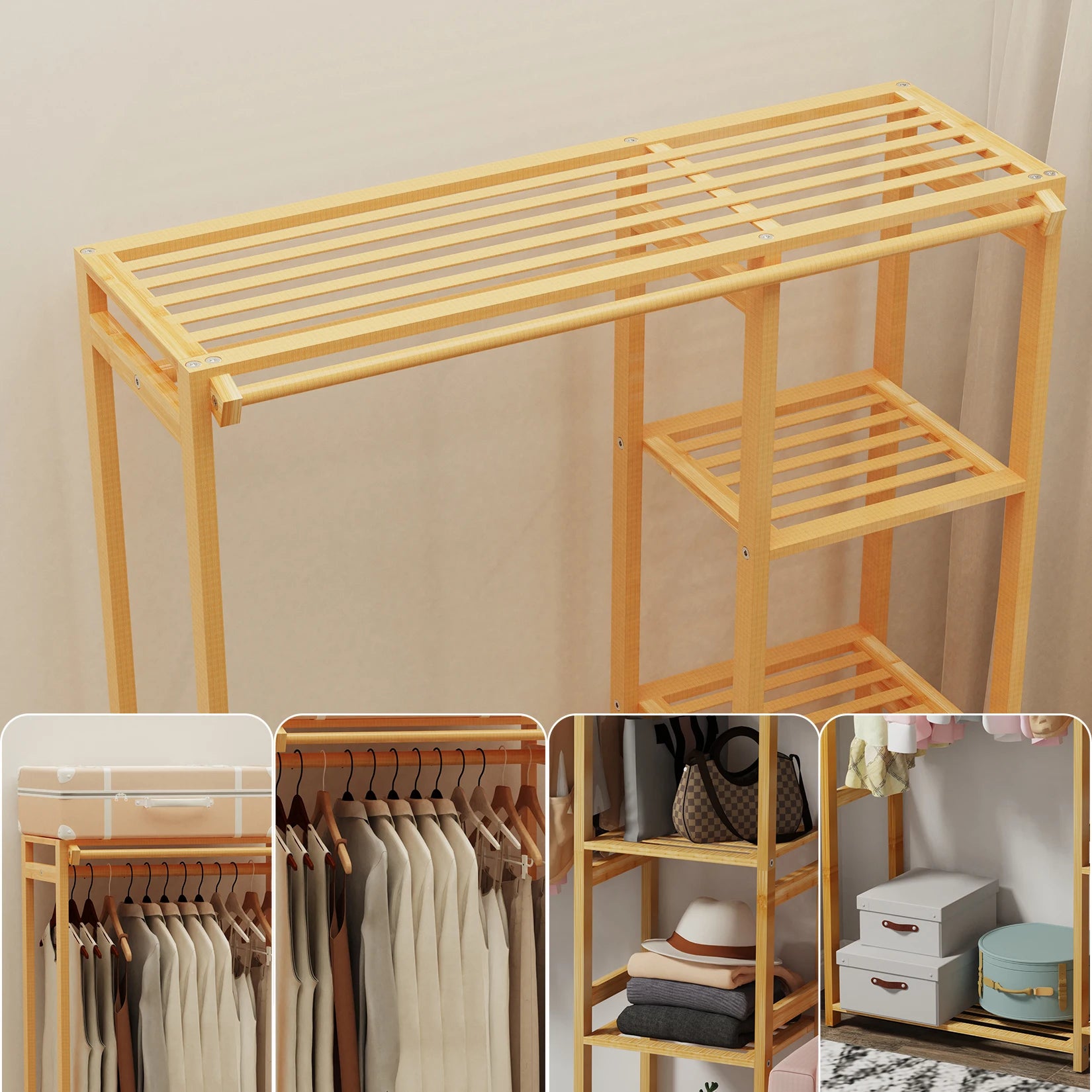 Tier Bamboo Garment Rack with Shelves