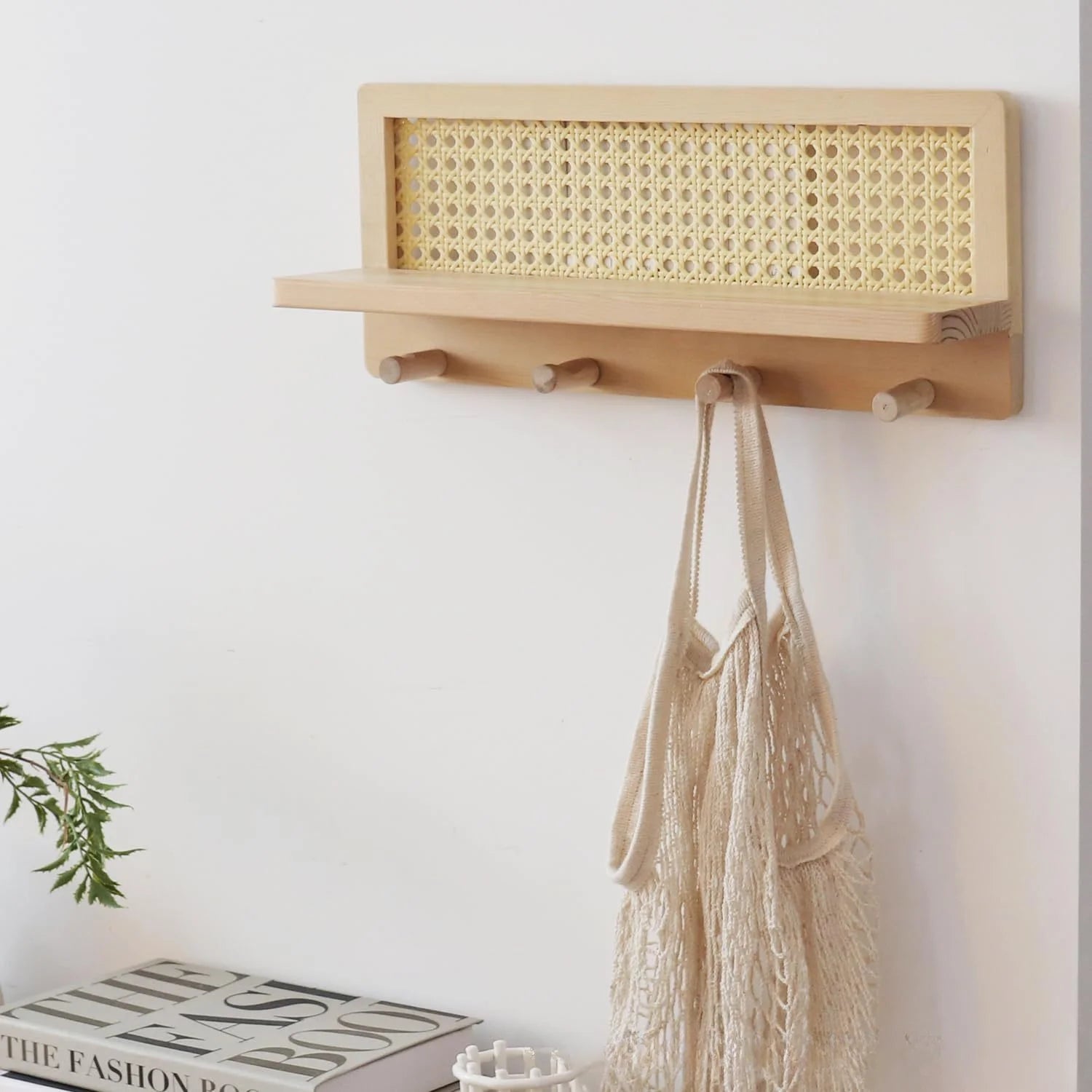 Elegant Solid Wood Rattan Wall Storage Rack