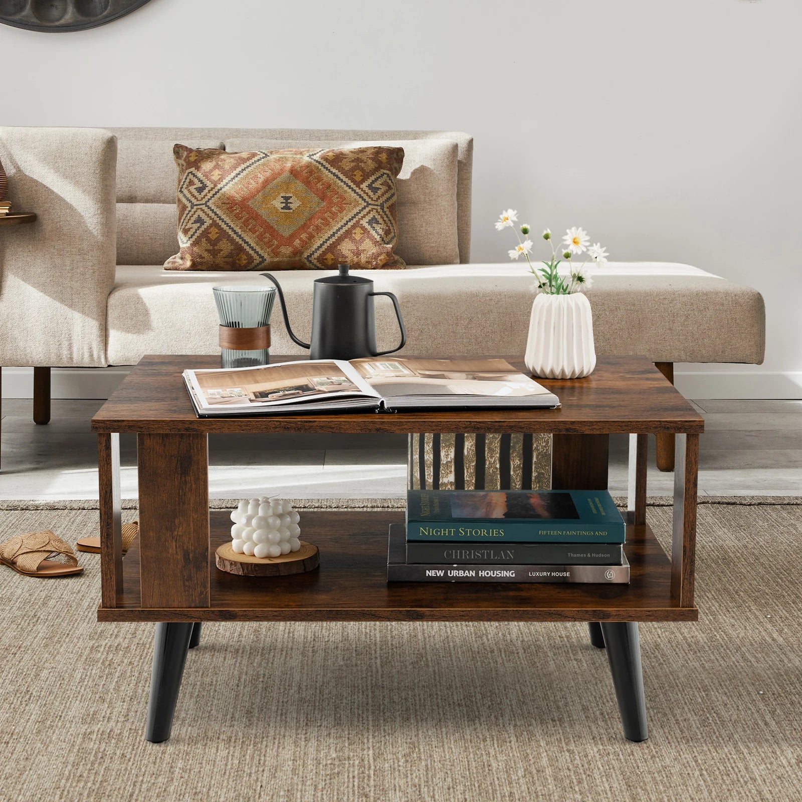 Tier Wooden Coffee Table with Open Storage