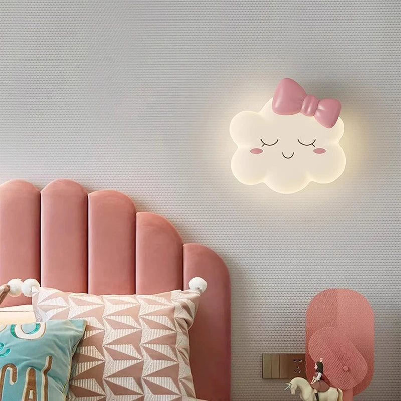 Charming Cloud Wall Lamp with Pink Bow for Kids