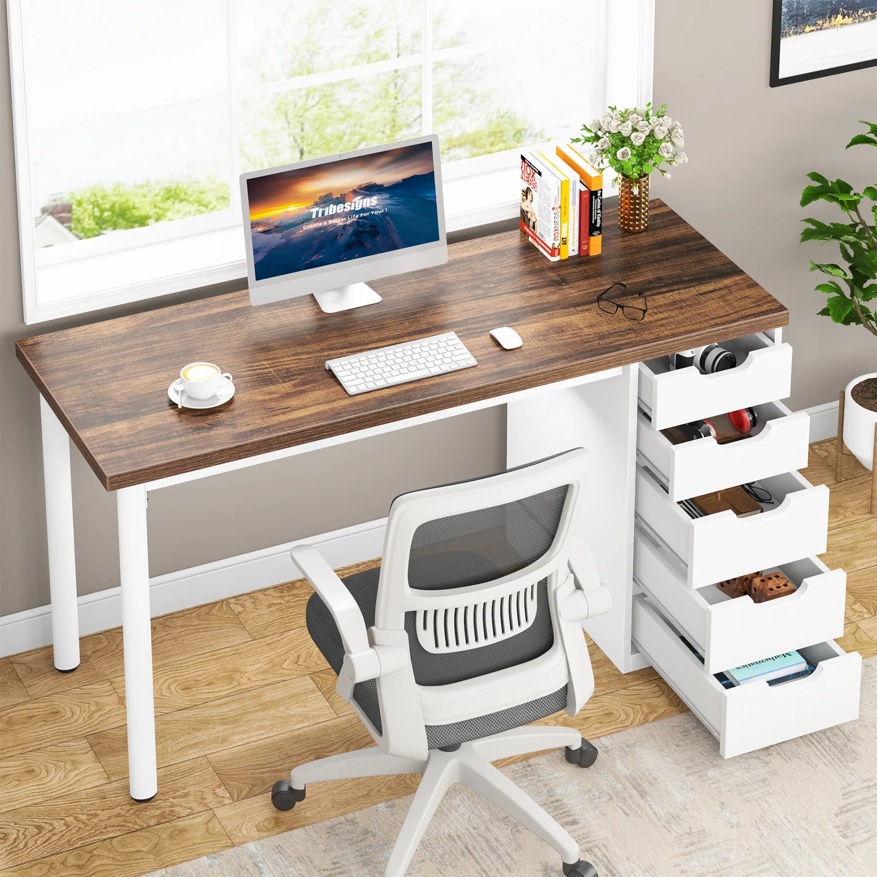 Tribesigns Computer Desk with 5 Drawers, 47 inches Rustic Brown Home Office Desk with Storage, Modern Simple Laptop Desk Study W