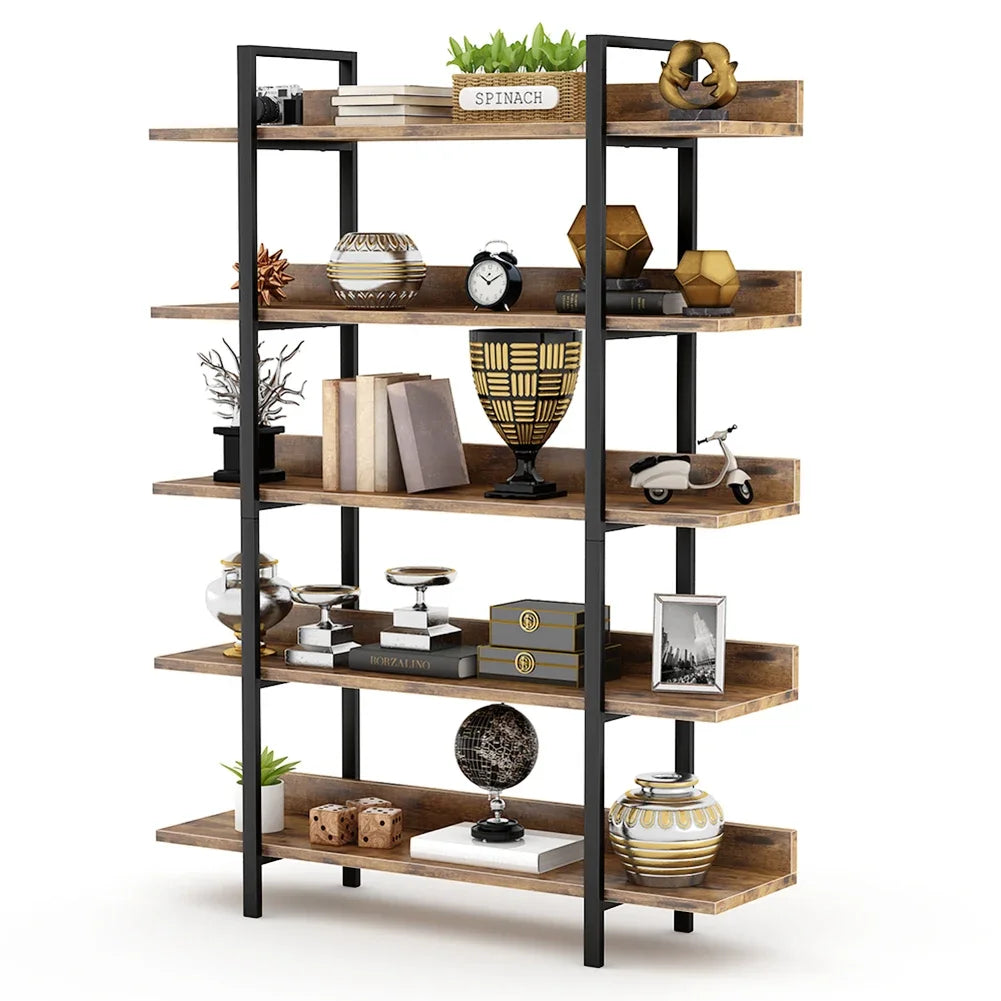 Tribesigns Bookshelf Storage Rack Standing Shelf 5 Tier Industrial Sturdy Bookshelf with Iron Pipe Frame