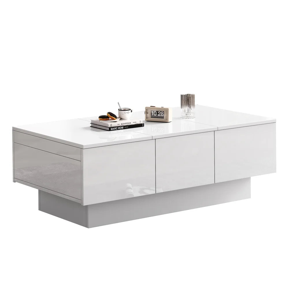 Coffee Table Modern Wooden Centre Table White High Gloss Coffee Tea Tables with 2 Drawers and 2 Big Storage Space for Home