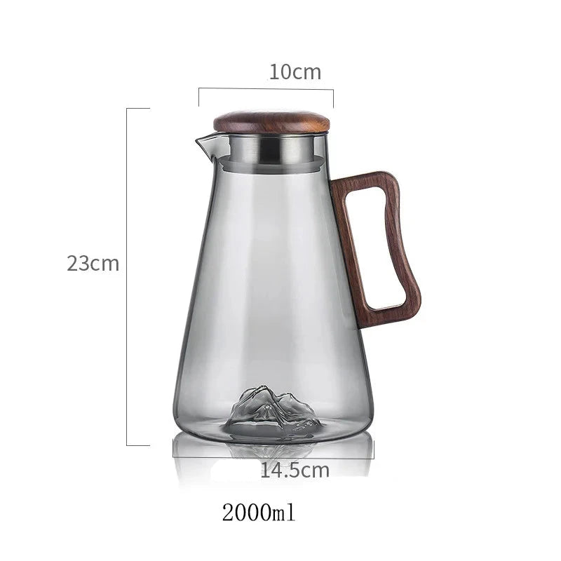 Large Capacity 2000ML Glass Cold Water Jug Heat Resistant Water Pot With Wooden Handle Filter Lid Juice Glass Pitcher Bottle