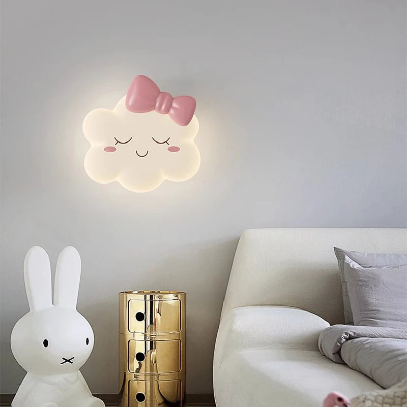 Charming Cloud Wall Lamp with Pink Bow for Kids