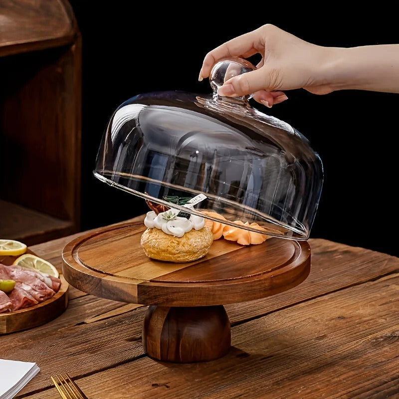 Elegant Acacia Wood Cake Stand with Glass Dome